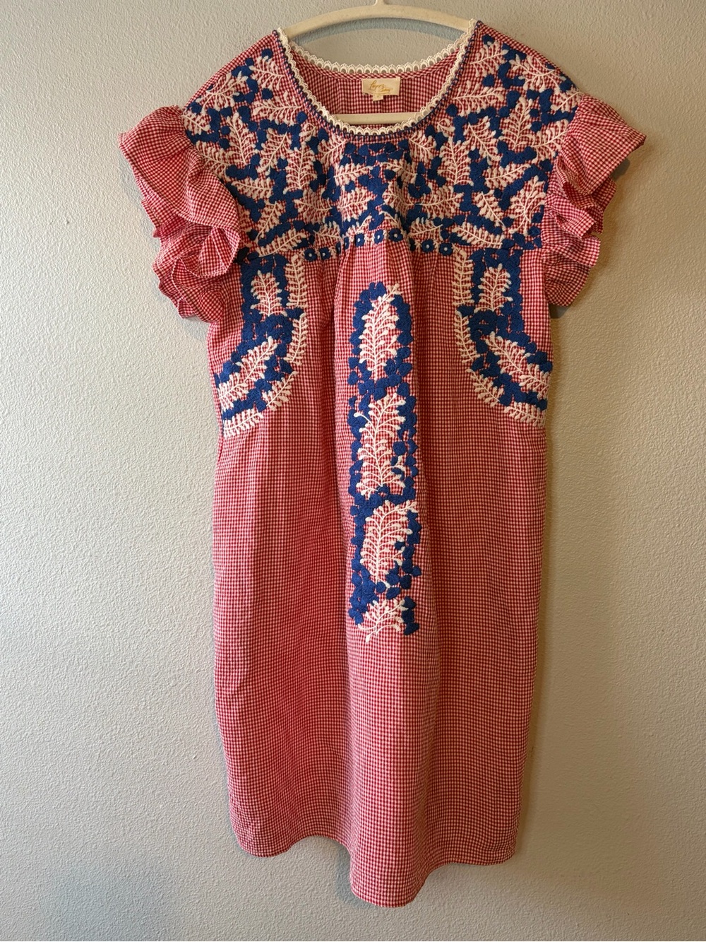 Mexican dress  Gingham Embroidered Ruffled Sleeve Dress